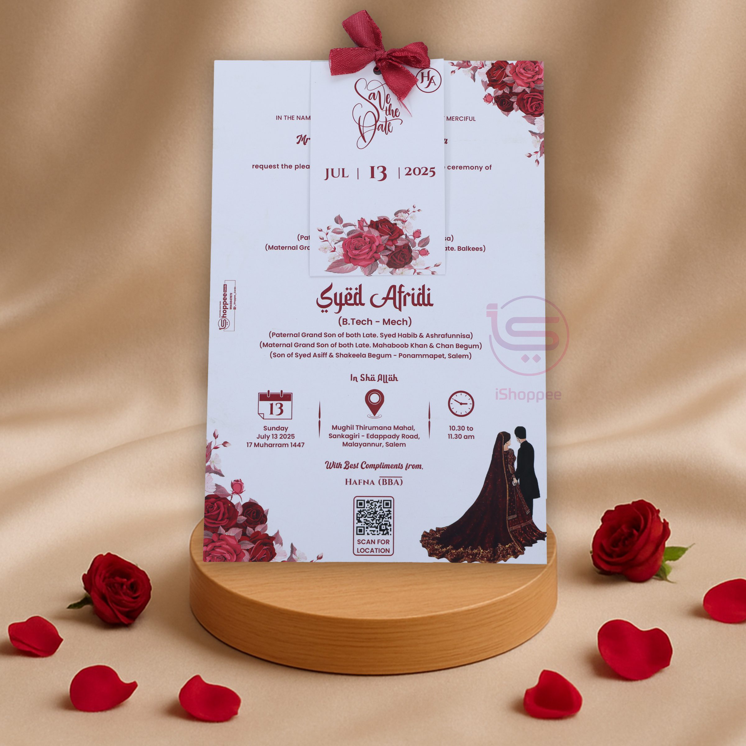 M001 Maroon Ribbon Floral Invitation Card